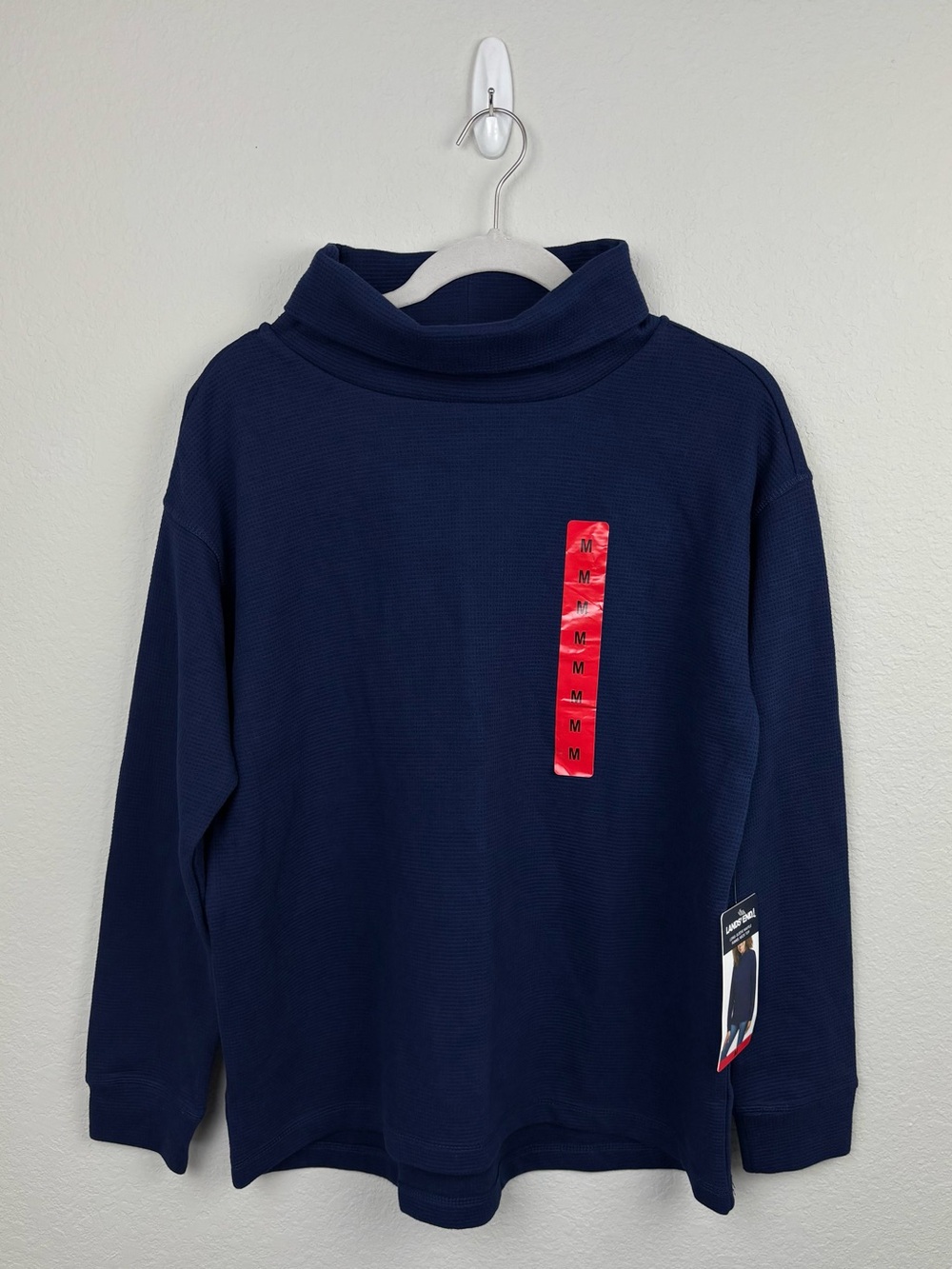 Land’s End Navy Blue Long Sleeve Funnel Neck Waffle Knit Top Size M Coastal Cozy
